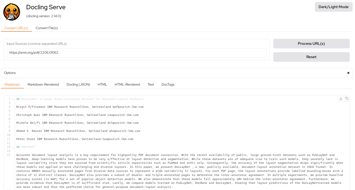 The official docling-serve web page showing a converted document